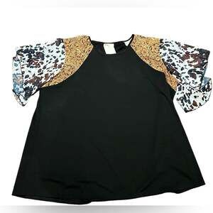 Southern Stitch Womens 3XL Flutter Sleeve Blouse w/Tooled Leather & Cow Trim NWT